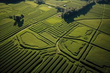 Green tea plantation at sunrise time,nature background. AI Generated