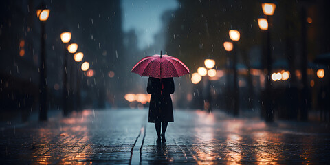 A young woman in a black clothes walking down a rainy evening city street with an red umbrella hat on her head, generative AI

