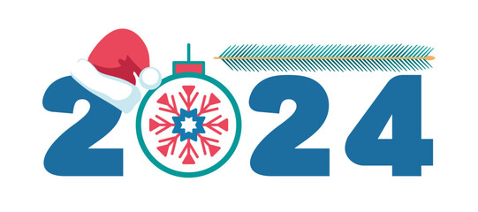 2024. Happy New Year 2024. Happy New Year blue red numbers 2024, Santa's hat, fir branch. Merry Christmas, banner, flyer. Christmas toys. Elements for calendar and greeting cards. Vector illustration