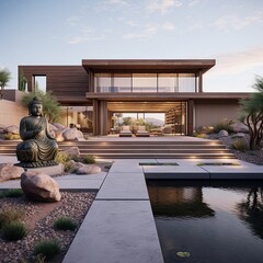 large, luxurious, backyard of home in the desert of arizona, agave, modern, lighting, night, pool, spa , generated by AI - obrazy, fototapety, plakaty