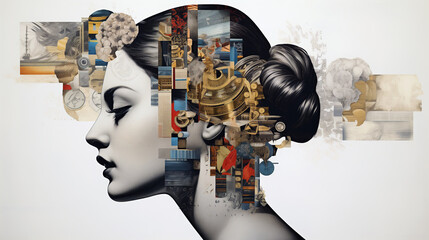 Portrait of woman with abstract collage, Harmony in Chaos