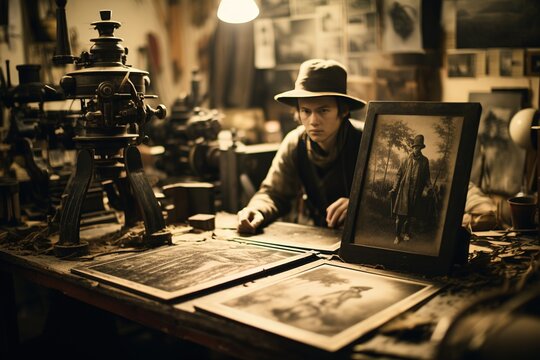 A vintage and retro spooky person in the collodion wet plate process technique. Generative AI, AI