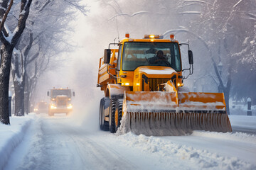 Snow plow working to remove snow during the winter