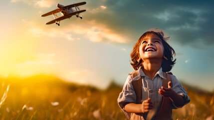 Little girl standing in field with bunch of airplanes flying overhead. - obrazy, fototapety, plakaty