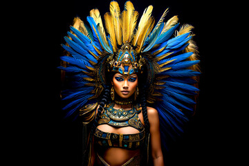 Woman wearing blue and gold costume with feathers on it's head.
