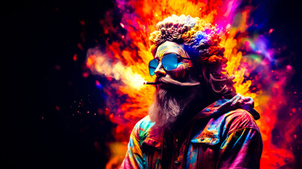 Man with long beard and glasses on his face with colorful smoke coming out of his mouth.