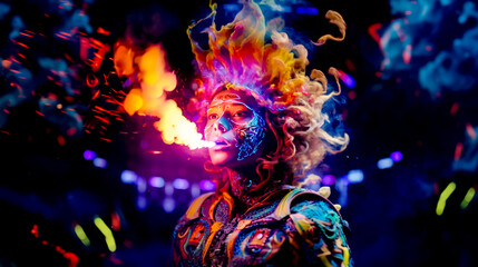 Woman with colorful makeup and makeup on her face with fire coming out of her head.