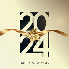 Happy New Year 2024 winter holiday greeting card design template. Party poster, banner or invitation gold glittering stars confetti glitter decoration. Vector background with golden gift bow