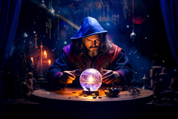 Man sitting at table with crystal ball in front of him.