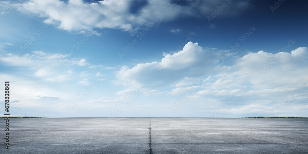Poster the horizon and the cloudy sky as a background, in the foreground an empty square. ai generated.