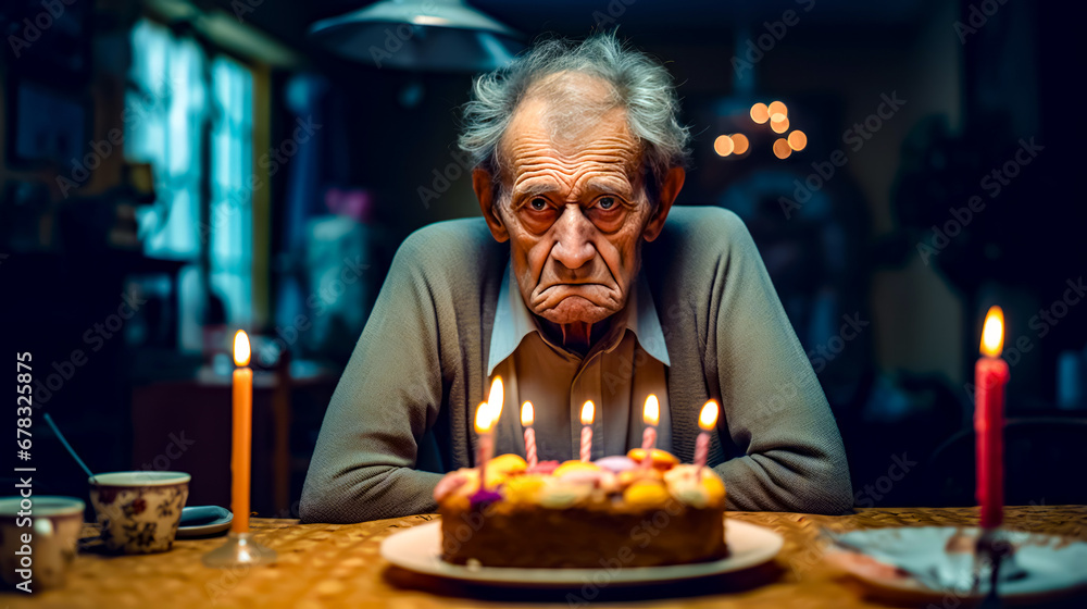 Poster man sitting at table in front of cake with lit candles.