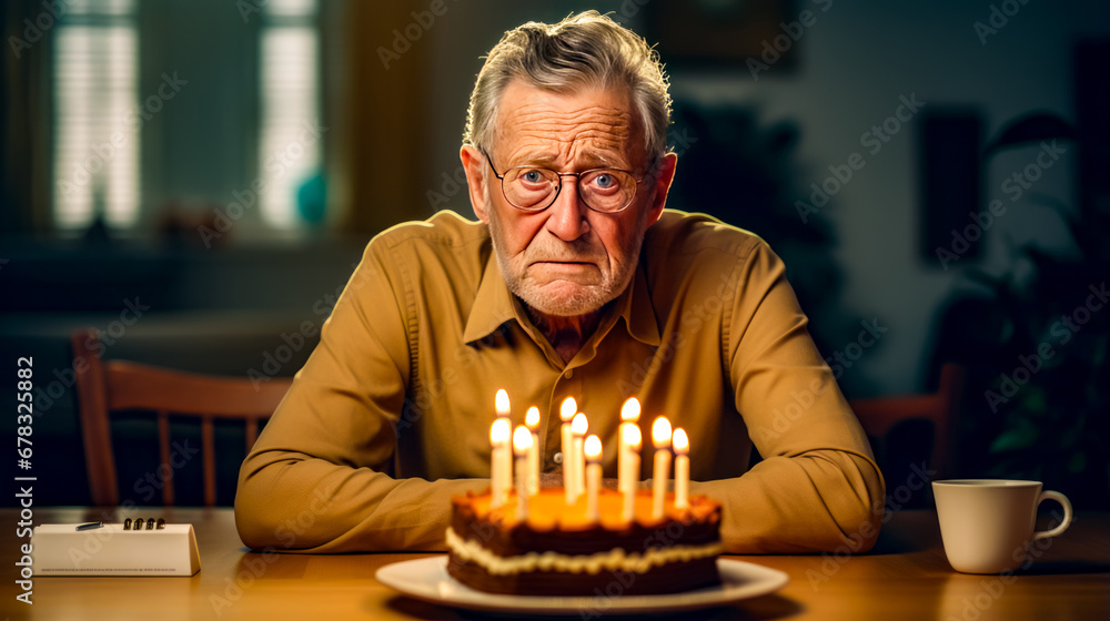 Poster man sitting at table with cake with lit candles on it.
