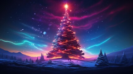 Generative AI, Christmas tree in cyberpunk style, futuristic nostalgic 80s, 90s. Neon lights vibrant colors. - obrazy, fototapety, plakaty