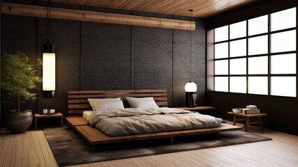 Bedroom decor, home interior design . Contemporary Japanese style with Accent Wall decorated with Wood and Stone material . Generative AI AIG26.