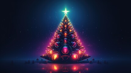 Generative AI, Christmas tree in cyberpunk style, futuristic nostalgic 80s, 90s. Neon lights vibrant colors.