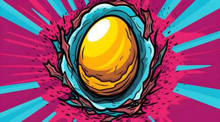 Explosive pop art Easter egg with vibrant splashes. Colourful illustration of unusually coloured easter egg. Great for innovative postcards - obrazy, fototapety, plakaty