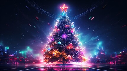 Fototapeta na wymiar Generative AI, Christmas tree in cyberpunk style, futuristic nostalgic 80s, 90s. Neon lights vibrant colors.