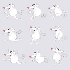 White rats with pink nose in different poses. Set of nine comical mice. Isolated rodents. Flat drawing.  