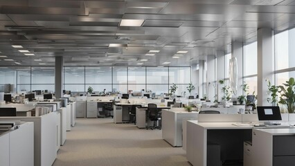 AI illustration of an expansive, open office space with large windows that overlook a cloudy sky