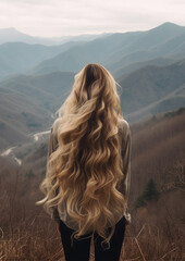 Fototapeta premium Woman with long wavy blond hairs with nature in background. Dense long blonde hair rear view