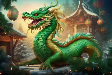 Obraz premium Fabulous cartoon green wooden dragon symbol of the 2024 New Year. The symbol of the Chinese Asian New Year.