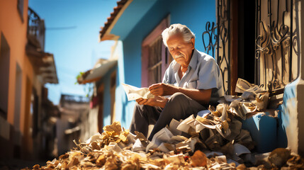 Elderly hispanic man collecting paper from the street in a poor neighbourhood, sitting, working, day scene, - obrazy, fototapety, plakaty