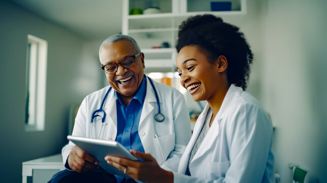 Doctor And Patient Looking At Tablet Computer Together In Room.