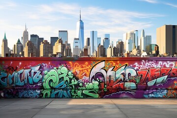 Captivating Graffiti Mural of Vibrant New York City Skyline, Using Bold Colors to Convey Energy and...