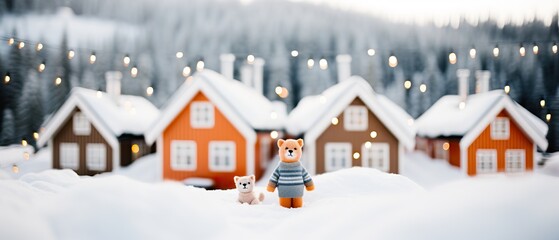 Naklejka premium Stuffed toy bears in front of charming snow-covered houses with festive lights