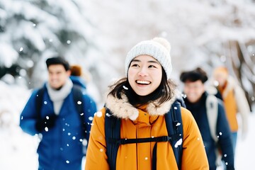 Joyful young woman with friends smiling brightly during a snowy winter day