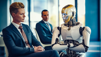 Man and woman sitting next to each other in front of robot.