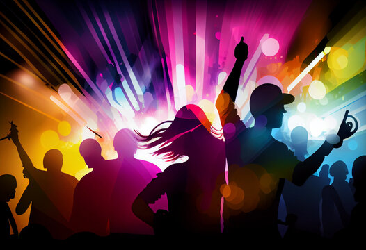 Color illustration, people dancing at the party, silhouettes. AI generated.