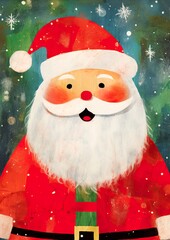 Fototapeta premium Happy, friendly, laughing Santa Claus with hat and red clothes. Greeting card for children and young-minded loved ones. Seasonal winter card.