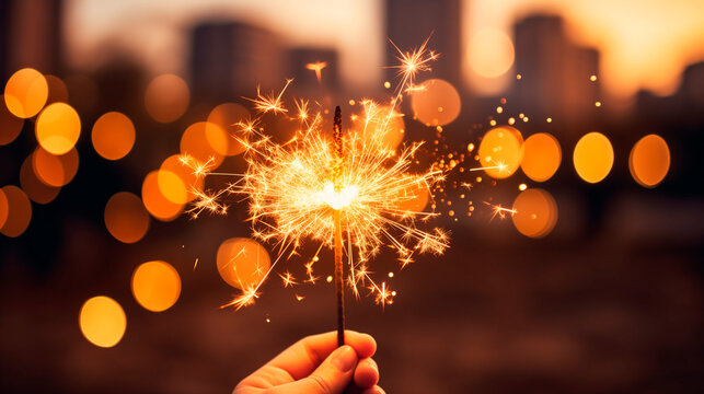 Burning sparkler with many beautiful sparks on bright background with gold festive bokeh. Concept of New Year or birthday celebration.