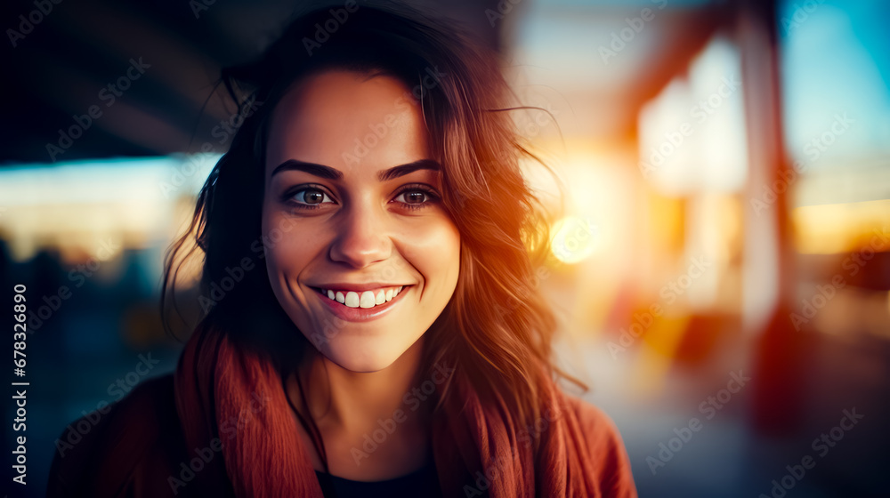 Poster close up of person with smile on their face and building in the background.