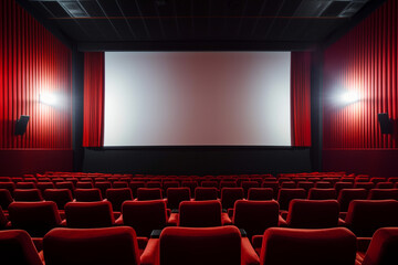 Empty theater auditorium. Empty seats, red chairs. - obrazy, fototapety, plakaty