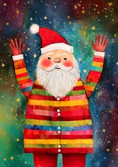 Happy, friendly, laughing Santa Claus with hat and red clothes. Greeting card for children and young-minded loved ones. Seasonal winter card.