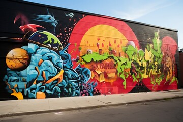 Captivating Graffiti Mural of Vibrant New York City Skyline, Using Bold Colors to Convey Energy and...