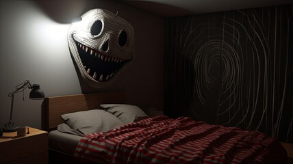Laughing jack from the creepypasta in a kids bedroom facing the bed. make the room dark , generated by AI