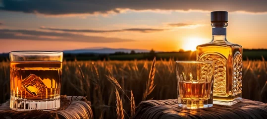  Barley field at sunset. In the foreground is a bottle of cognac or whiskey and a glass. AI generated. © serperm73