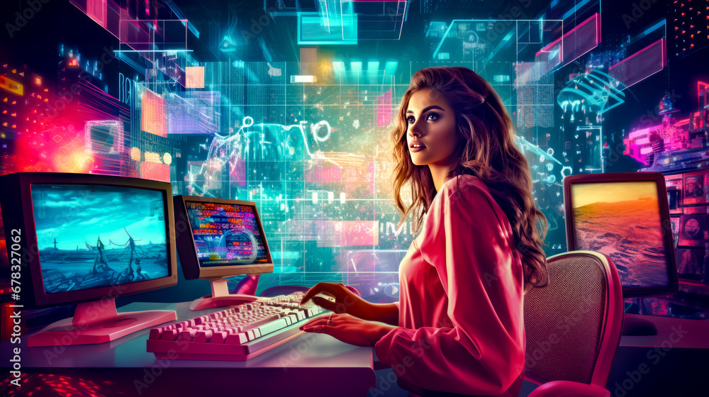 Aufkleber woman sitting in front of computer with keyboard and monitor on it.