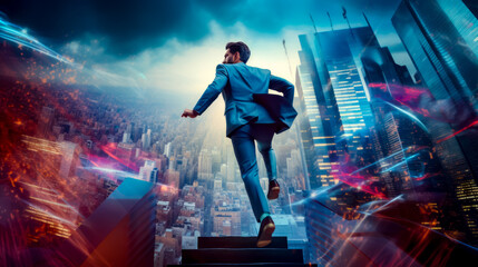 Fototapeta na wymiar Man in suit running up flight of stairs in the city.