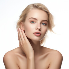 Fototapeta premium Beautiful Young Blond Woman with Perfect Skin touching her face Facial treatment Cosmetology beauty 