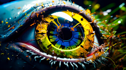 Fototapeta na wymiar Close up of eye with lot of bugs on it's iris.