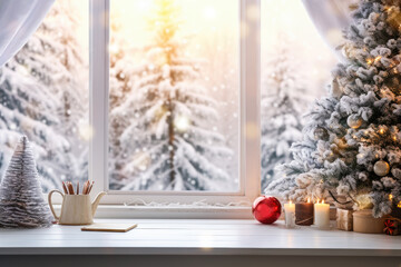 Desk space with christmas tree in front of window and blurred background