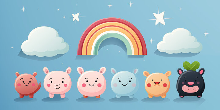 Cartoon Glücksschwein mit Regenbogen als Zeichnung im Querformat für Banner, ai generativ