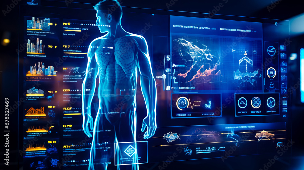 Poster man standing in front of futuristic screen with lot of information on it.