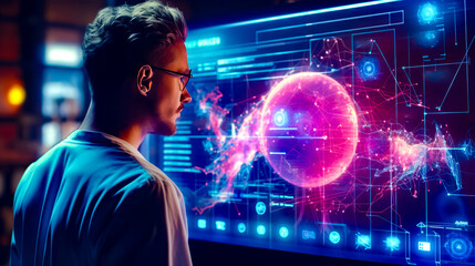 Man in glasses looking at computer screen with futuristic design on it.