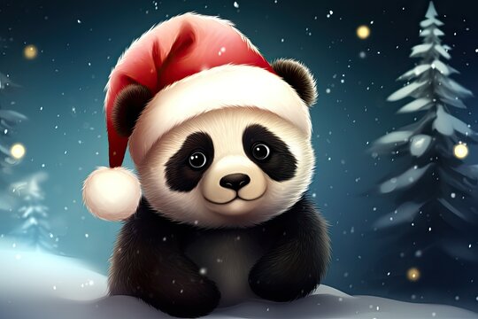 cute little panda bear with santa hat on winter backgroud illustration