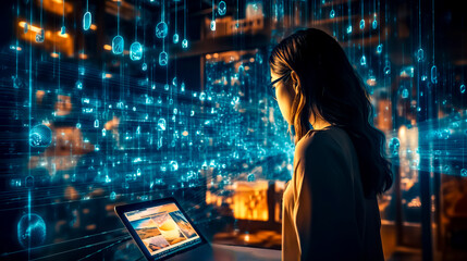 Woman using laptop computer in front of large display of lights.